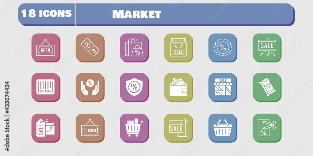 market icon set. included shop, wallet, voucher, discount, shopping-basket, trolley, shopping bag, sale, shopping cart, closed icons on white background. linear, filled styles. market icon set. included shop, wallet, voucher, discount, shopping-basket, trolley, shopping bag, sale, shopping cart, closed icons on white background. linear, filled styles.