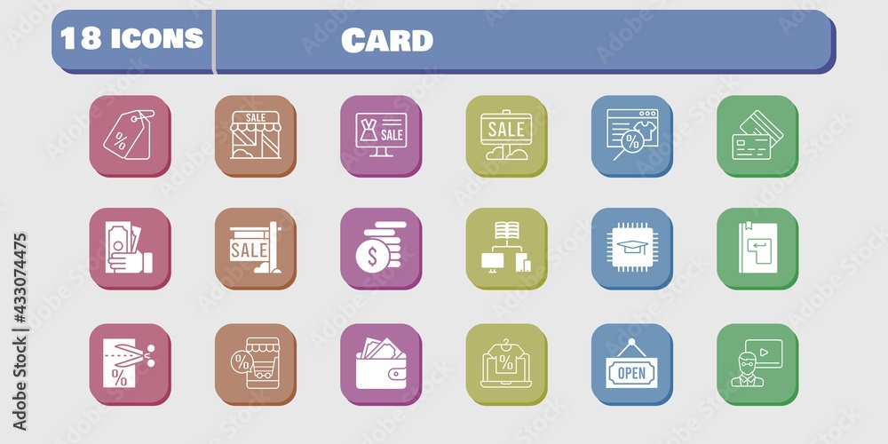card icon set. included chip, wallet, shop, voucher, online shop, sale, teacher, money, school, price tag, enter, credit card icons on white background. linear, filled styles. card icon set. included chip, wallet, shop, voucher, online shop, sale, teacher, money, school, price tag, enter, credit card icons on white background. linear, filled styles.