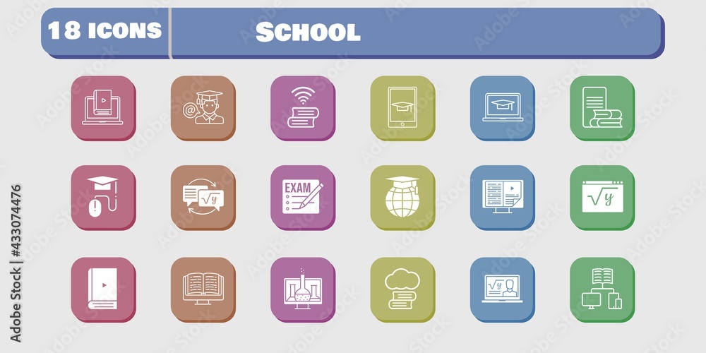 school icon set. included chemistry, learn, homework, maths, book, cloud library, exam, professor, ebook, student-laptop, student icons on white background. linear, filled styles. school icon set. included chemistry, learn, homework, maths, book, cloud library, exam, professor, ebook, student-laptop, student icons on white background. linear, filled styles.