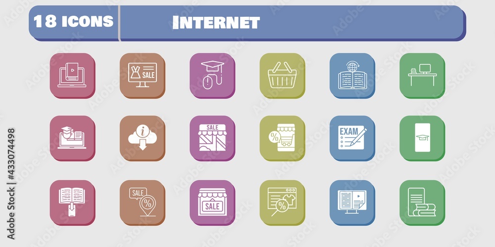 internet icon set. included shop, learn, learning, training, shopping basket, exam, student-smartphone, online shop, ebook icons on white background. linear, filled styles. internet icon set. included shop, learn, learning, training, shopping basket, exam, student-smartphone, online shop, ebook icons on white background. linear, filled styles.