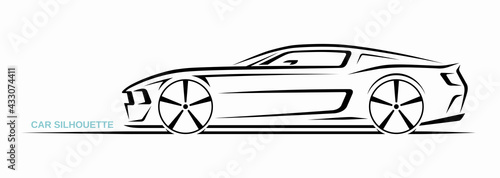Muscle car silhouette isolated on white background. Sports car contour, logo design. Side view. Vector illustration