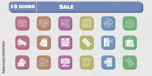 sale icon set. included shopping bag, online shop, sale, shop, voucher, price tag, shopping cart, discount, credit card, delivery truck icons on white background. linear, filled styles.