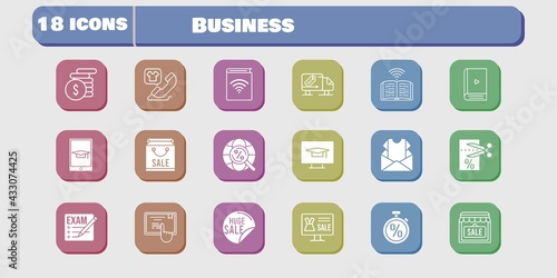 business icon set. included newsletter, audiobook, shop, voucher, book, touchscreen, delivery truck, student-desktop, exam icons on white background. linear, filled styles.