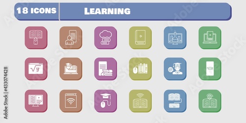 learning icon set. included chemistry, audiobook, study, student, homework, learn, maths, book, learning, training, student-smartphone icons on white background. linear, filled styles.