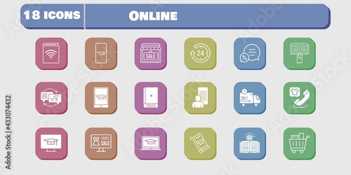 online icon set. included audiobook, study, shop, homework, learning, delivery truck, student-desktop, trolley, student-smartphone icons on white background. linear, filled styles.