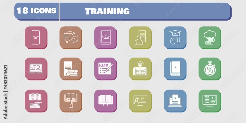 training icon set. included study, homework, learn, learning, student-smartphone, cloud library, exam, professor, ebook icons on white background. linear, filled styles. training icon set. included study, homework, learn, learning, student-smartphone, cloud library, exam, professor, ebook icons on white background. linear, filled styles.