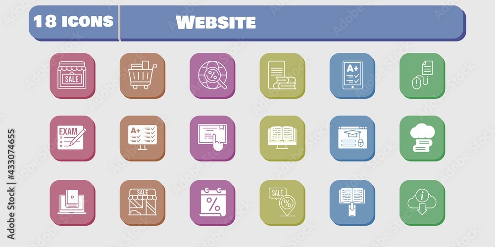 website icon set. included calendar, shop, test, learn, touchscreen, login, click, cloud library, exam, ereader, ebook icons on white background. linear, filled styles. website icon set. included calendar, shop, test, learn, touchscreen, login, click, cloud library, exam, ereader, ebook icons on white background. linear, filled styles.