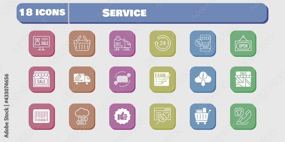service icon set. included shop, like, delivery truck, shopping basket, cloud library, feedback, exam, online shop, 24-hours icons on white background. linear, filled styles. service icon set. included shop, like, delivery truck, shopping basket, cloud library, feedback, exam, online shop, 24-hours icons on white background. linear, filled styles.
