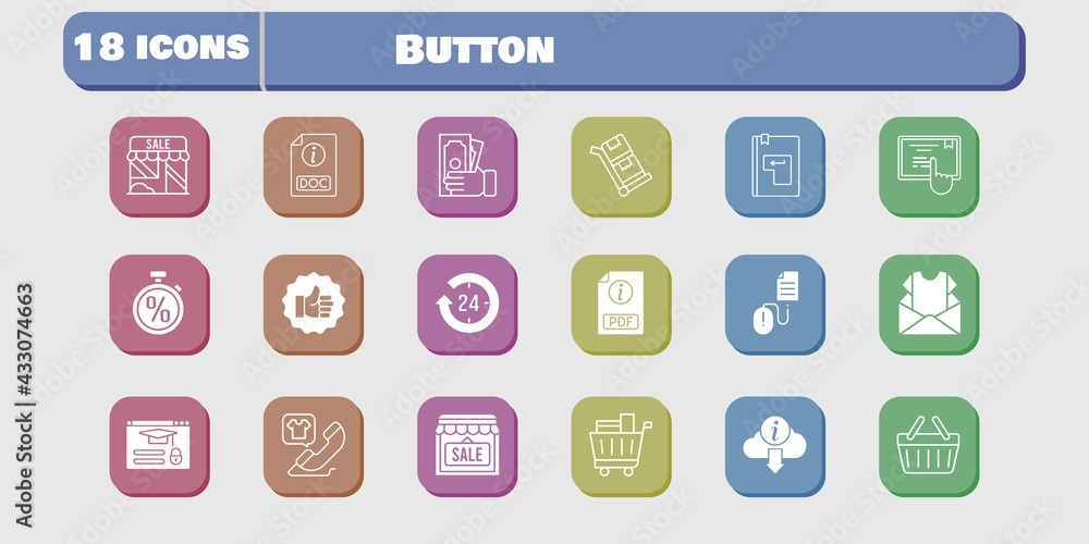 button icon set. included newsletter, shop, like, touchscreen, login, click, shopping basket, trolley, 24-hours, pdf icons on white background. linear, filled styles. button icon set. included newsletter, shop, like, touchscreen, login, click, shopping basket, trolley, 24-hours, pdf icons on white background. linear, filled styles.