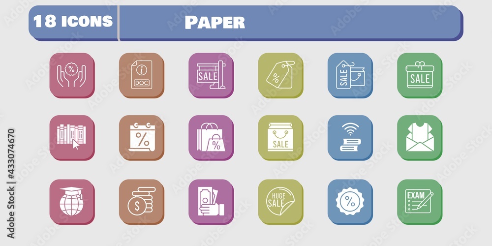 paper icon set. included exam, gift, calendar, newsletter, shopping bag, sale, money, school, book, price tag, discount icons on white background. linear, filled styles. paper icon set. included exam, gift, calendar, newsletter, shopping bag, sale, money, school, book, price tag, discount icons on white background. linear, filled styles.