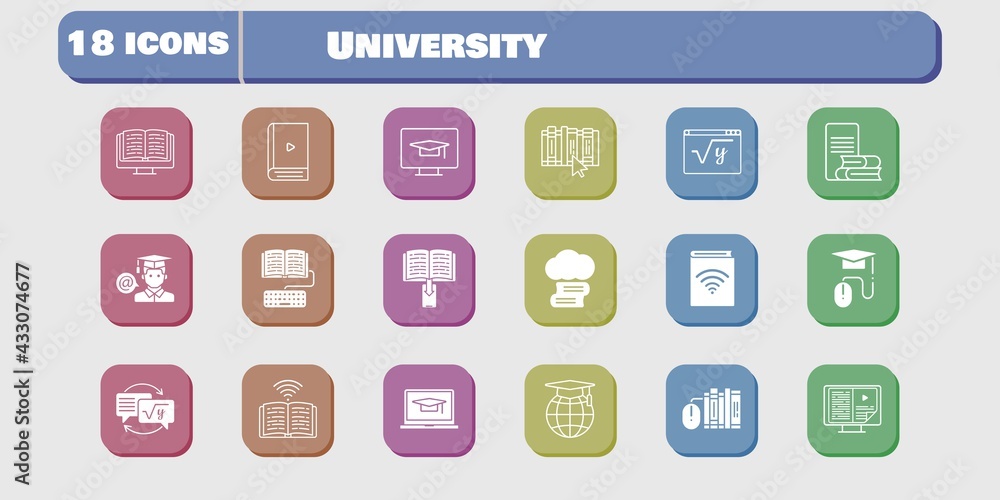 university icon set. included audiobook, homework, student, maths, book, student-desktop, cloud library, student-laptop, books icons on white background. linear, filled styles. university icon set. included audiobook, homework, student, maths, book, student-desktop, cloud library, student-laptop, books icons on white background. linear, filled styles.