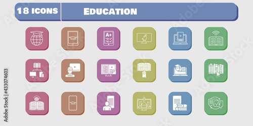 education icon set. included chemistry, study, homework, learn, book, training, learning, microscope, student-smartphone, ereader icons on white background. linear, filled styles.