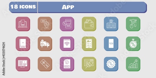 app icon set. included profits, audiobook, wallet, learn, discount, learning, delivery truck, student-smartphone, online shop icons on white background. linear, filled styles.