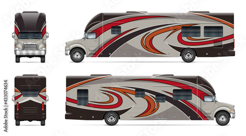 Recreational vehicle vector mockup on white for vehicle branding, corporate identity. View from side, front, back. All elements in the groups on separate layers for easy editing and recolor.