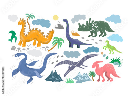 Dinosaurs set of children s pictures illustration hand drawn print cute animals ancient world. Doodle sketch color images pterodaktel diplodocus palms mountains stones clouds footprints on the sand