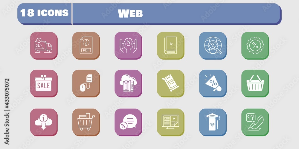 web icon set. included gift, megaphone, smartphone, discount, shopping-basket, delivery truck, click, trolley, cloud icons on white background. linear, filled styles. web icon set. included gift, megaphone, smartphone, discount, shopping-basket, delivery truck, click, trolley, cloud icons on white background. linear, filled styles.
