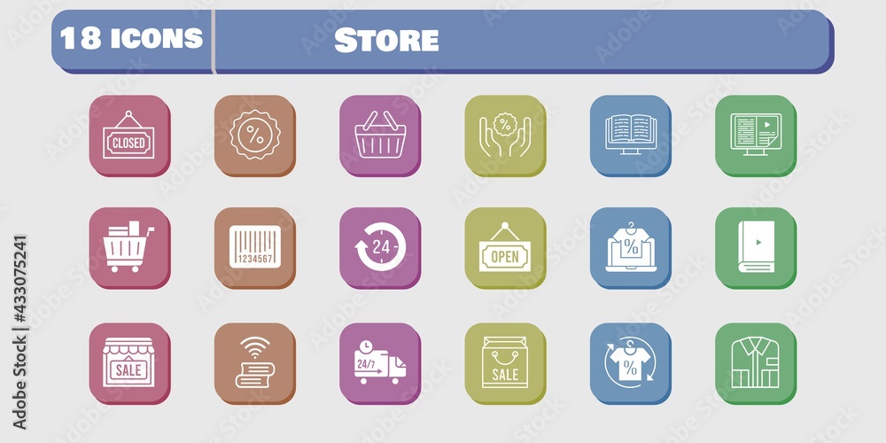 store icon set. included shop, book, discount, delivery truck, shopping basket, online shop, shopping bag, 24-hours, ebook icons on white background. linear, filled styles. store icon set. included shop, book, discount, delivery truck, shopping basket, online shop, shopping bag, 24-hours, ebook icons on white background. linear, filled styles.
