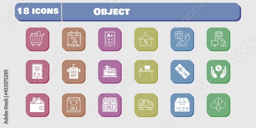 object icon set. included calendar, wallet, shop, package, discount, training, delivery truck, shopping bag, tablet, ereader icons on white background. linear, filled styles.