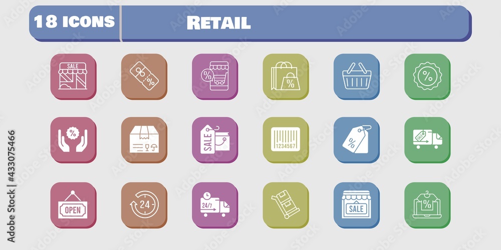 retail icon set. included online shop, shopping bag, 24-hours, shop, package, price tag, discount, delivery truck, barcode icons on white background. linear, filled styles. retail icon set. included online shop, shopping bag, 24-hours, shop, package, price tag, discount, delivery truck, barcode icons on white background. linear, filled styles.