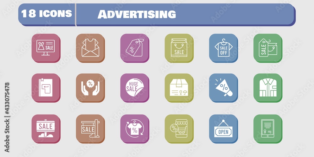 advertising icon set. included megaphone, online shop, tablet, newsletter, shopping bag, sale, shirt, package, price tag icons on white background. linear, filled styles. advertising icon set. included megaphone, online shop, tablet, newsletter, shopping bag, sale, shirt, package, price tag icons on white background. linear, filled styles.