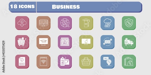 business icon set. included audiobook, smartphone, shop, delivery truck, student-desktop, shopping basket, microscope, feedback icons on white background. linear, filled styles.