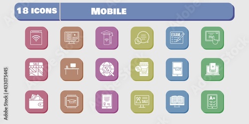 mobile icon set. included chip, audiobook, wallet, smartphone, shop, learn, touchscreen, exam, tablet, online shop, ereader icons on white background. linear, filled styles.