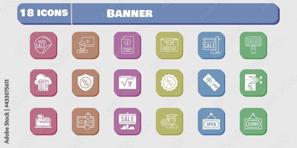 banner icon set. included test, voucher, maths, discount, training, login, cloud, sale, teacher, pdf, ebook, student, closed icons on white background. linear, filled styles. banner icon set. included test, voucher, maths, discount, training, login, cloud, sale, teacher, pdf, ebook, student, closed icons on white background. linear, filled styles.