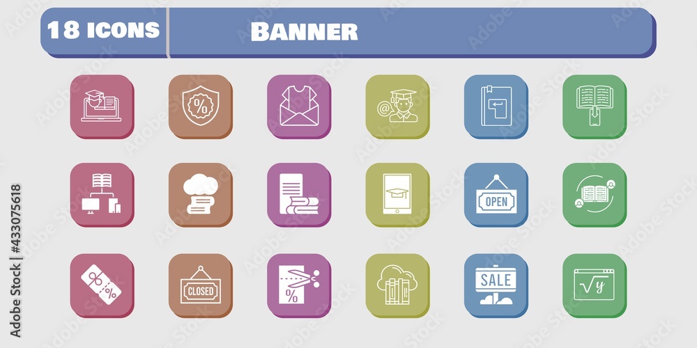 banner icon set. included newsletter, voucher, maths, discount, training, feedback, cloud, cloud library, sale, ebook icons on white background. linear, filled styles. banner icon set. included newsletter, voucher, maths, discount, training, feedback, cloud, cloud library, sale, ebook icons on white background. linear, filled styles.