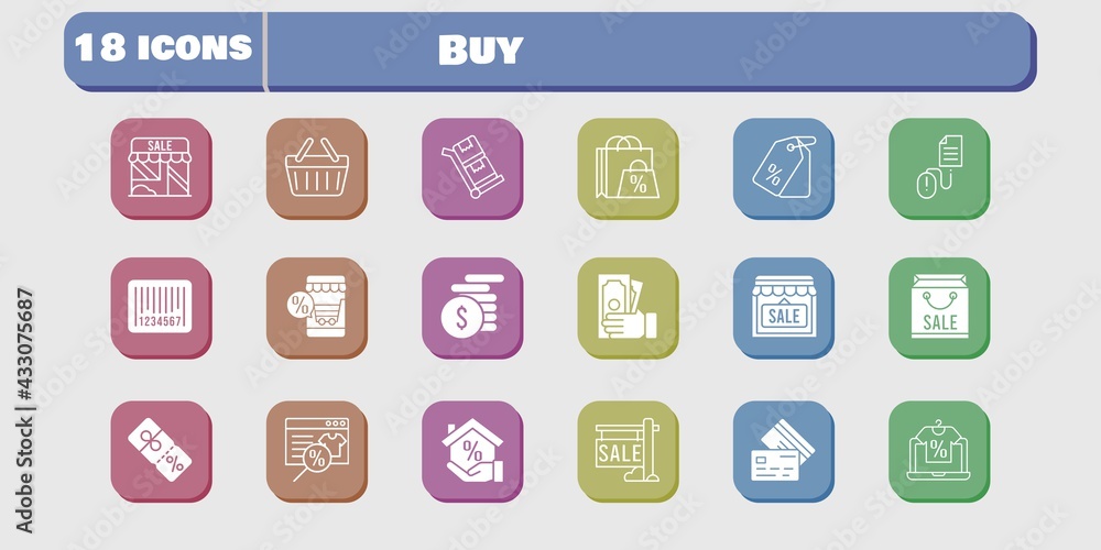 buy icon set. included shop, discount, click, shopping basket, trolley, shopping bag, online shop, sale, mortgage, money icons on white background. linear, filled styles. buy icon set. included shop, discount, click, shopping basket, trolley, shopping bag, online shop, sale, mortgage, money icons on white background. linear, filled styles.