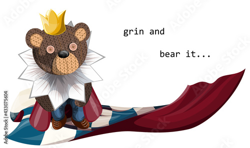 Vector image of a soft toy bear, depicted alive with a hint of humanity, standing on a distorted chessboard in royal robes with the inscription. Concept. EPS 10