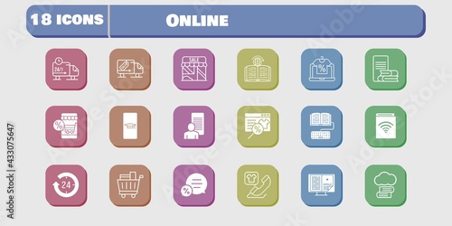 online icon set. included audiobook, study, shop, homework, learning, delivery truck, cloud library, student-smartphone, online shop icons on white background. linear, filled styles.