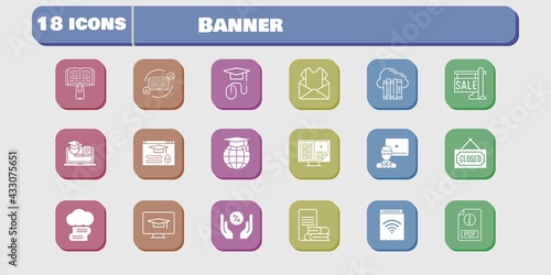 banner icon set. included newsletter, audiobook, discount, training, student-desktop, login, cloud library, feedback, cloud icons on white background. linear, filled styles.