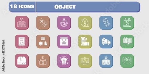 object icon set. included chemistry, calendar, package, book, discount, learning, delivery truck, trolley, tablet, shopping bag icons on white background. linear, filled styles.