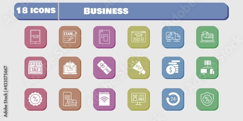 business icon set. included megaphone, audiobook, shop, discount, training, delivery truck, login, exam, online shop, 24-hours icons on white background. linear, filled styles.
