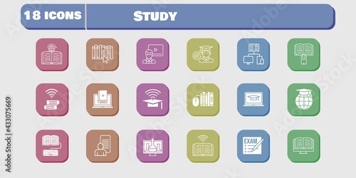 study icon set. included chemistry, study, homework, learn, book, learning, exam, student-laptop, ebook, teacher, cap icons on white background. linear, filled styles.
