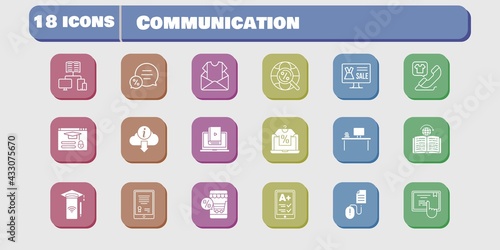 communication icon set. included newsletter, smartphone, learn, learning, touchscreen, login, click, tablet, online shop, ereader icons on white background. linear, filled styles.