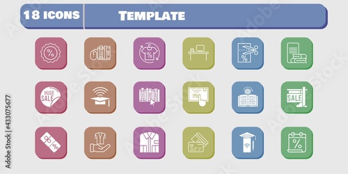 template icon set. included calendar, smartphone, voucher, book, discount, jacket, learning, touchscreen, sale, shirt icons on white background. linear, filled styles.