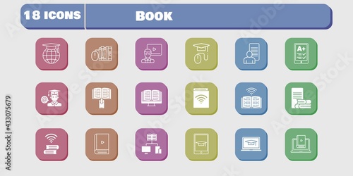book icon set. included study, audiobook, learn, student, book, ereader, ebook, student-laptop, books, teacher, online-learning icons on white background. linear, filled styles.