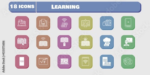 learning icon set. included chemistry, audiobook, homework, learn, maths, book, training, learning, cloud library, student-smartphone icons on white background. linear, filled styles.
