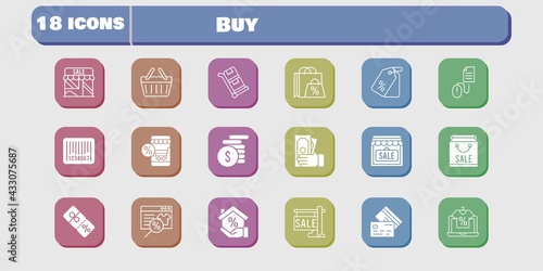 buy icon set. included shop, discount, click, shopping basket, trolley, shopping bag, online shop, sale, mortgage, money icons on white background. linear, filled styles.
