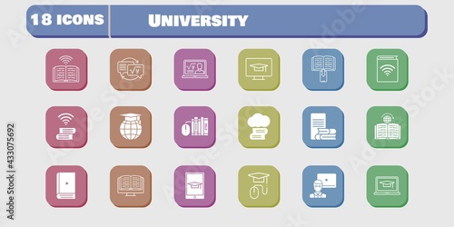 university icon set. included audiobook, homework, book, learning, student-desktop, cloud library, professor, ebook, teacher icons on white background. linear, filled styles.