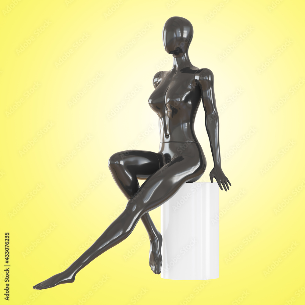 A black female faceless mannequin sits on a white cylindrical seat against a yellow backlit background. 3d rendering A black female faceless mannequin sits on a white cylindrical seat against a yellow backlit background. 3d rendering