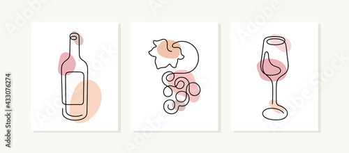 Wine posters. Bottle, grapes, wineglass continuous line illustration. Cards for restaurant menu, winery, bar.