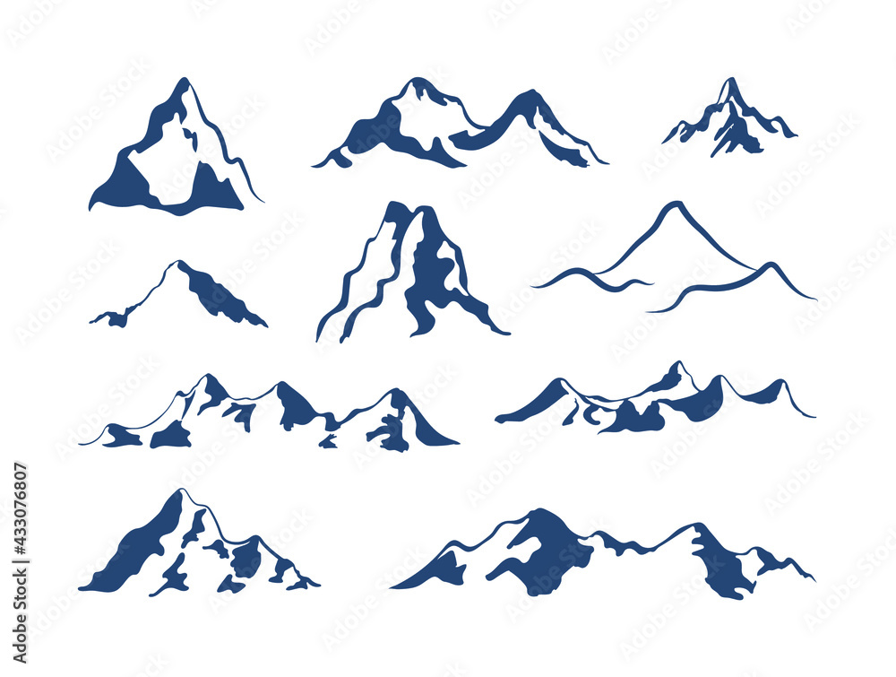 Vector mountain icons set isolated on white background, mountains shapes, different hills, ranges and tops.
