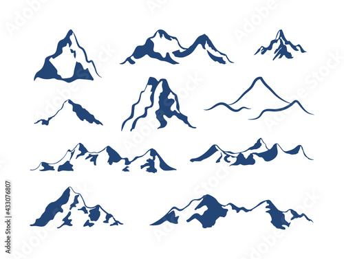 Vector mountain icons set isolated on white background  mountains shapes  different hills  ranges and tops. 