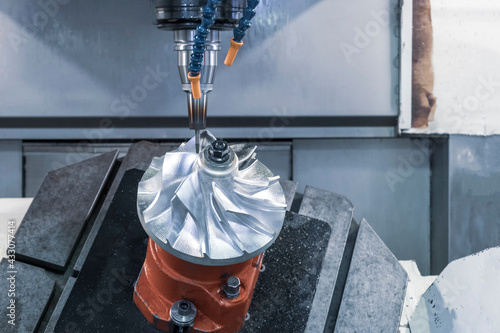 Five axis CNC machining center cutting jet engine turbine.