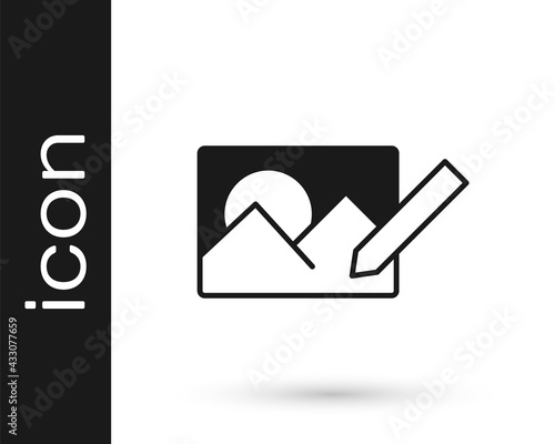 Black Photo retouching icon isolated on white background. Photographer, photography, retouch icon. Vector