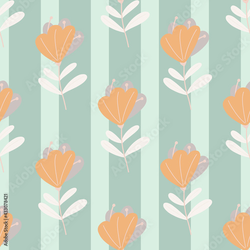 Orange colored simple flowers elements seamless pattern in hand drawn style. Blue striped background.