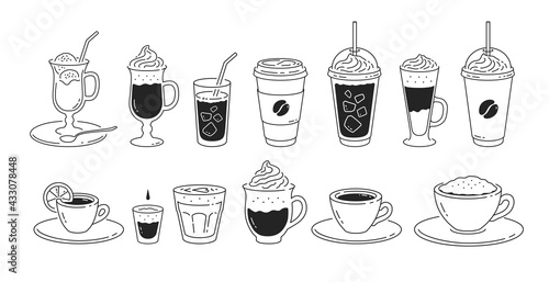 Line art illustration set of coffee cups