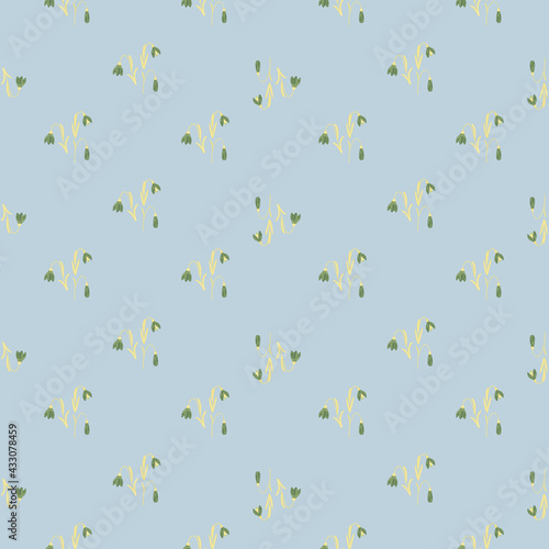 Little green bluebell silhouettes seamless pattern in doodle style. Pastel blue background. Floral backdrop.